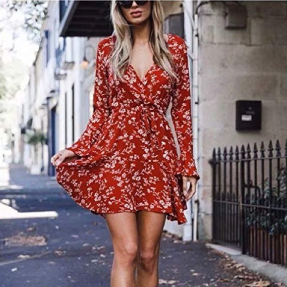 Women's V-Neck Floral Ruffles Short Mini Dress